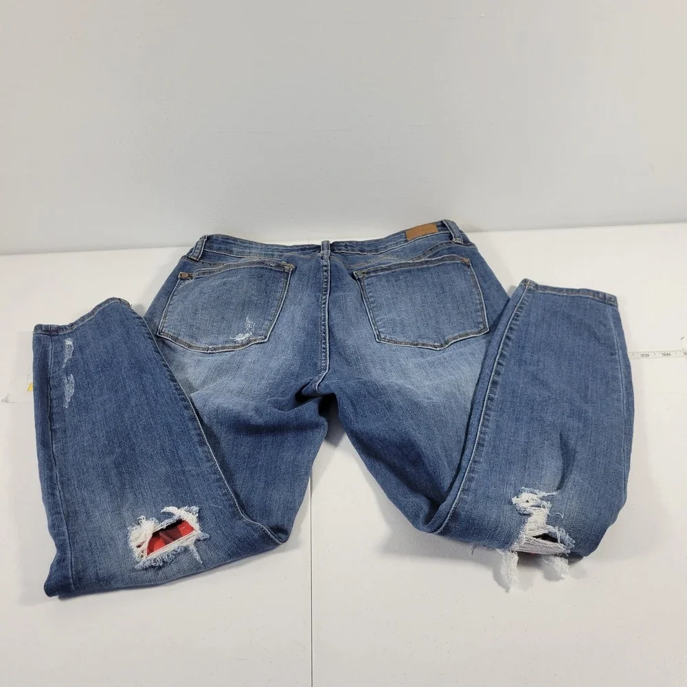 Judy Blue Skinny Fit Distressed Plaid Patch Jeans Medium Wash 13/31 Distressed - Picture 2 of 10
